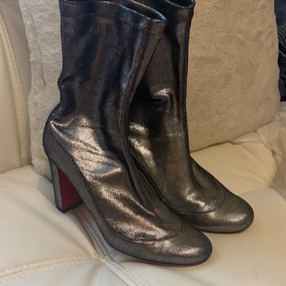 💯 Authentic, verified. Christian Louboutin Metallic Silver Mid-Calf Heeled Boots